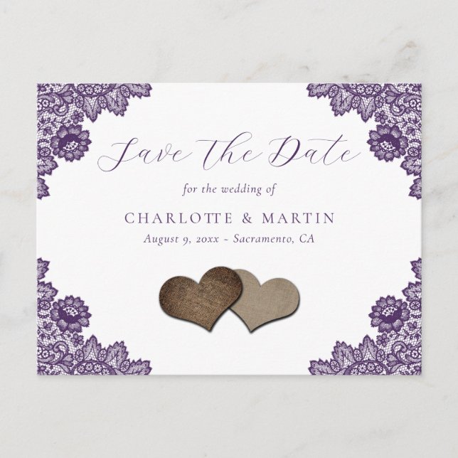 Purple Floral Lace Rustic Wedding Save The Date Announcement Postcard (Front)