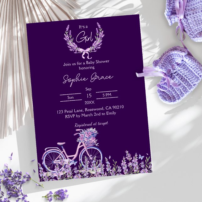 Purple Floral Lavender Bicycle Baby Shower Invitation (Creator Uploaded)