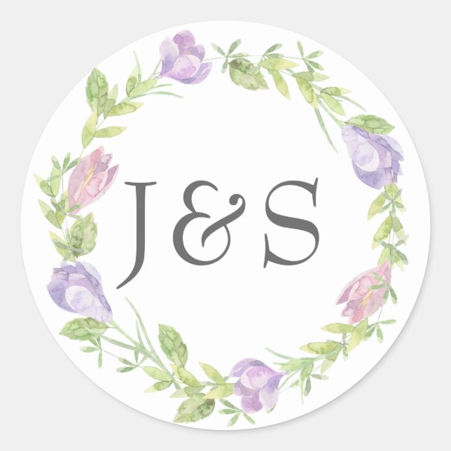 Purple floral leafy wedding personalized stickers (Front)