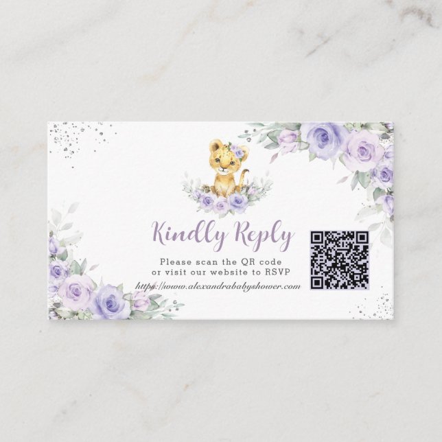 Purple Floral Lion Cub Baby Shower QR Code RSVP Enclosure Card (Front)