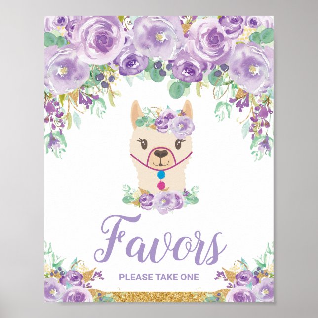 Purple Floral Llama Baby Shower Birthday Favours Poster (Front)