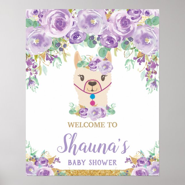 Purple Floral Llama Baby Shower Girl Welcome Sign (Front)