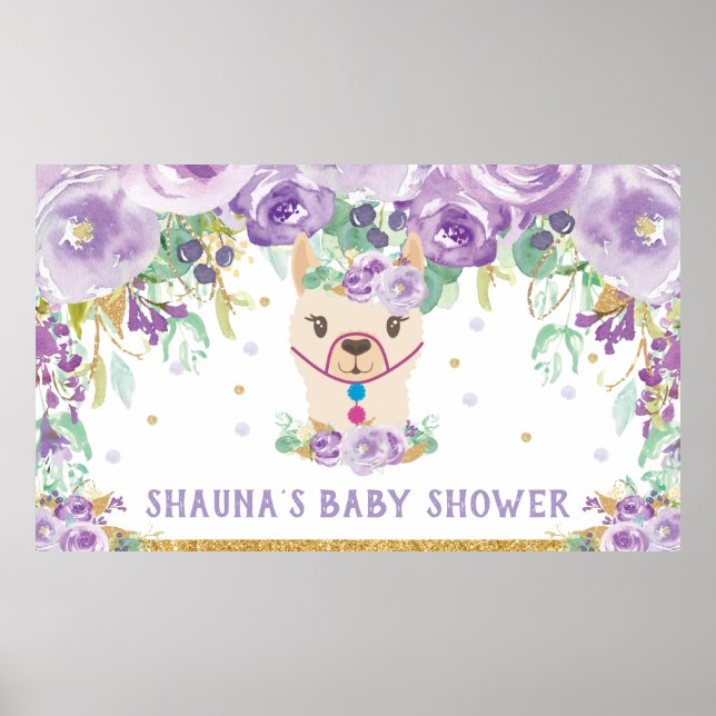Purple Floral Llama Baby Shower Welcome Backdrop B Poster (Front)