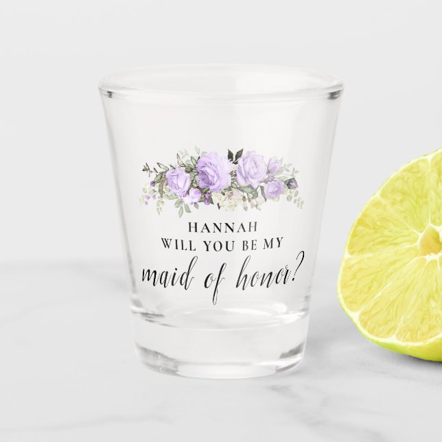 Purple Floral Maid of Honour Proposal Shot Glass (Front)