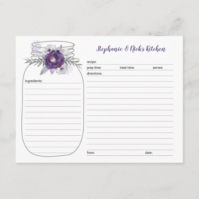 Purple Floral Mason Jar Bridal Shower Recipe Cards (Front)