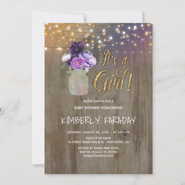 Purple Floral Mason Jar Rustic Baby Shower Invitation (Front)