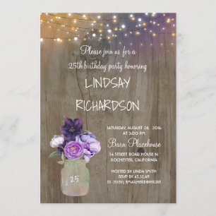 Purple Floral Mason Jar Rustic Barn Birthday Party Invitation