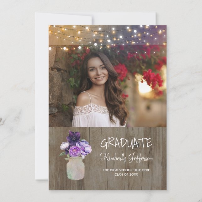 Purple Floral Mason Jar Rustic Photo Graduation Invitation (Front)