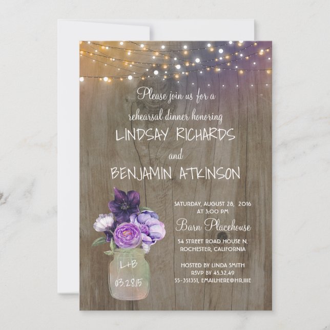 Purple Floral Mason Jar Rustic Rehearsal Dinner Invitation (Front)