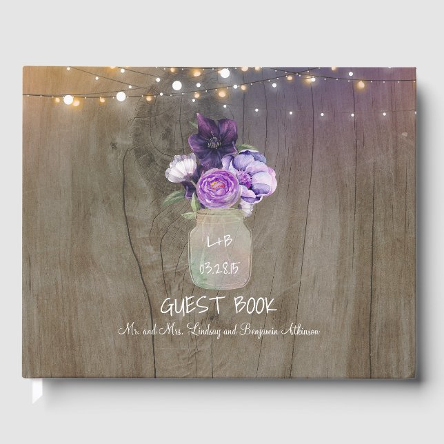 Purple Floral Mason Jar Rustic Wedding Guest Book (Front)
