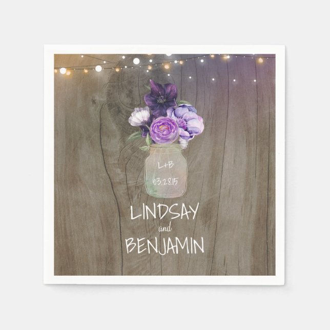 Purple Floral Mason Jar Rustic Wedding Napkin (Front)