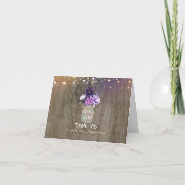 Purple Floral Mason Jar Rustic Wedding Thank You Card (Front)