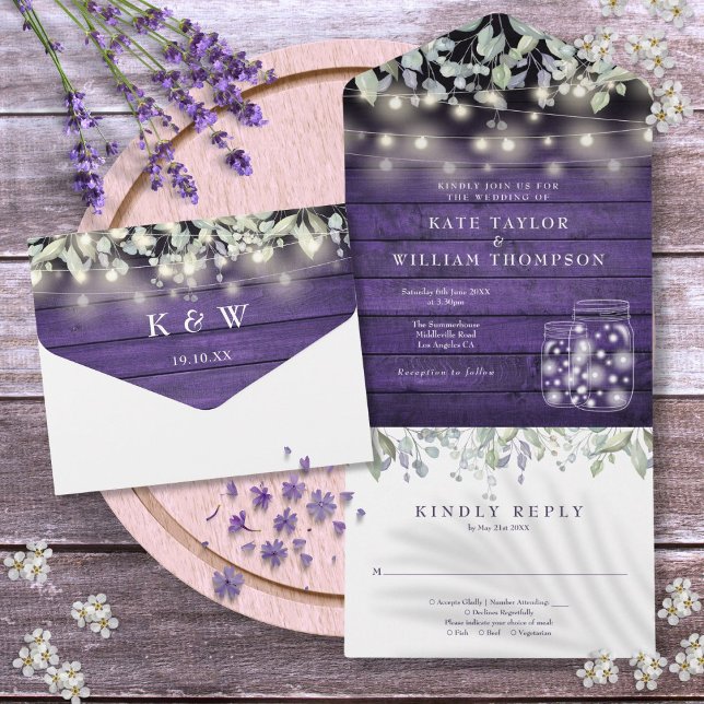 Purple Floral Mason Jars Lights Monogram Wedding All In One Invitation (Purple Floral Mason Jars Lights Monogram Wedding All In One Invitation)