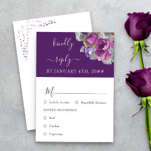 Purple Floral Meal Option Wedding RSVP