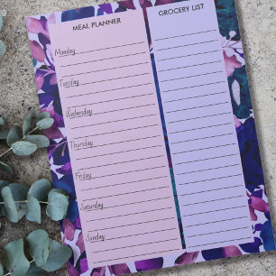 Purple Floral Meal Planner & Grocery List Notepad
