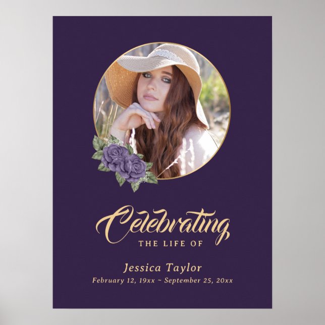 Purple Floral Memorial Funeral Photo Welcome Sign (Front)