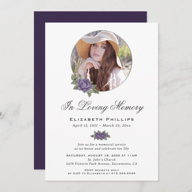 Purple Floral Memorial Service Funeral Photo Invitation (Front/Back)