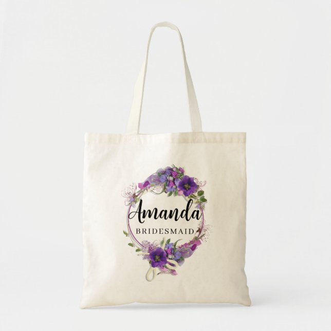 Purple Floral Minimal Bridesmaid Tote Bag (Front)