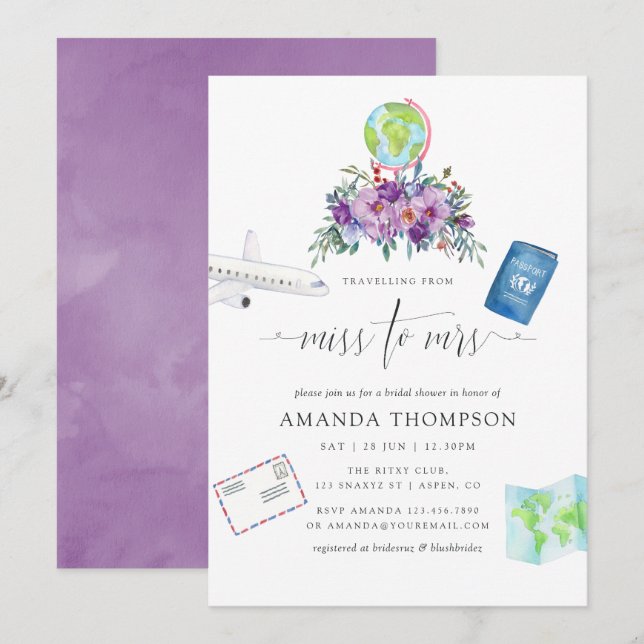 Purple Floral Miss To Mrs Bridal Shower Invitation (Front/Back)