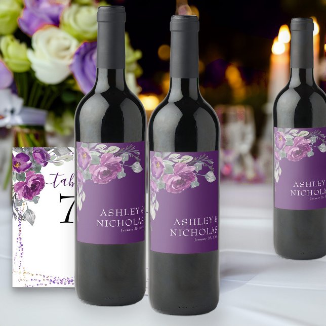 Purple Floral Modern Botanical Wedding Wine Label (Purple floral wine bottle labels from my Plush Purple Wedding Collection )