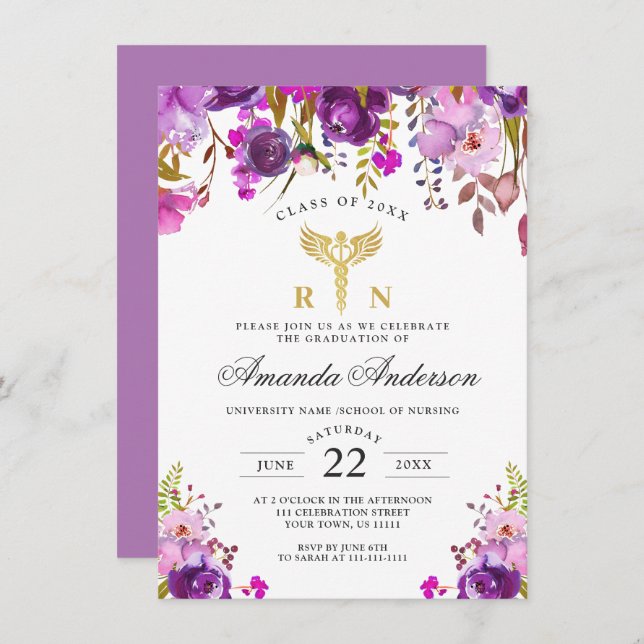 Purple Floral Modern Nursing School Graduation Invitation (Front/Back)