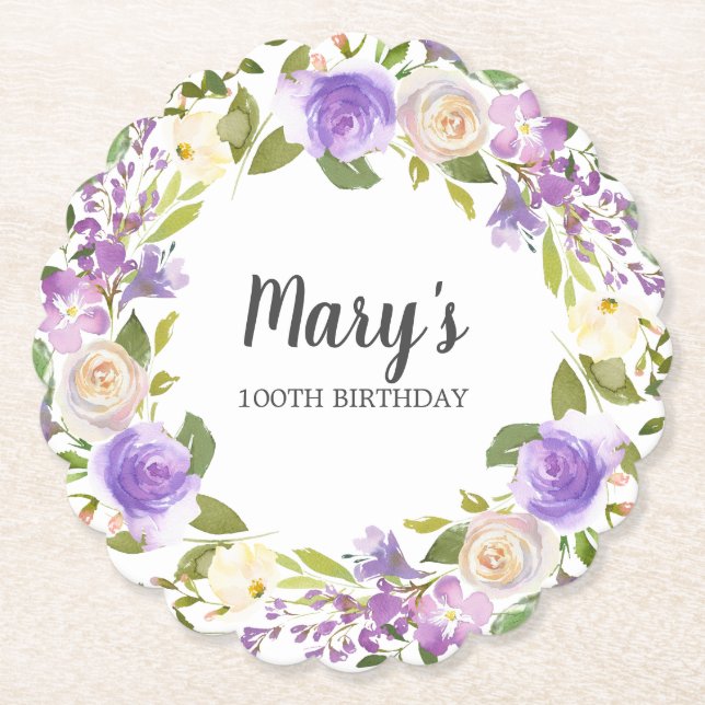 Purple Floral Monogram 100th Birthday Paper Coaster (Front)