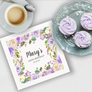 Purple Floral Monogram 100th Birthday Party Napkin
