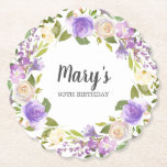 Purple Floral Monogram 90th Birthday Paper Coaster<br><div class="desc">Beautiful paper coaster for your 100th birthday party celebration. Purple and white roses create a beautiful floral frame. The birthday celebrant's name,  90th Birthday and date are placed in the centre. This item is part of the Rustic Purple Floral Botanical 90th Birthday Party collection.</div>