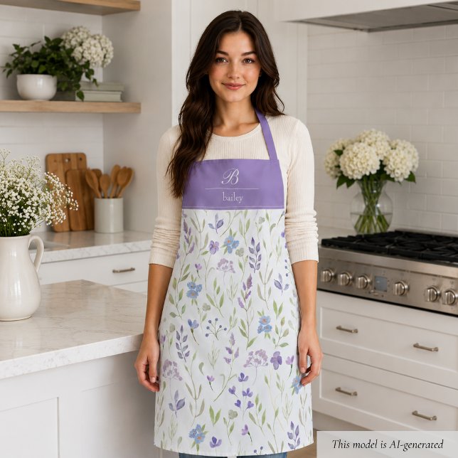 Purple Floral Monogram Apron (pretty purple blue wildflower floral apron with elegant monogram in script calligraphy)