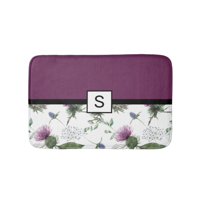 Purple Floral Monogram Bath Mat (Front)