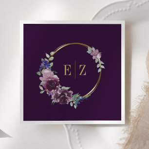 Purple Floral Monogram Boho Gold Frame Wedding Napkin