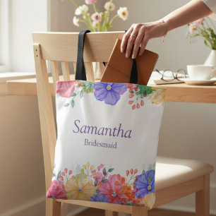 Purple Floral Monogram Bridesmaid Tote Bag