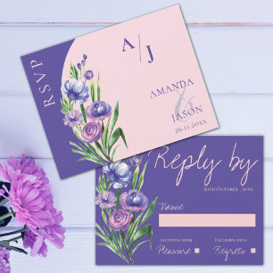 Purple Floral Monogram Elegant Blush Pink Wedding RSVP Card