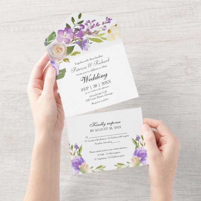 Purple Floral Monogram Elegant Wedding All In One Invitation (Tearaway)