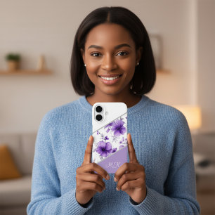 Purple Floral Monogram Phone Case for iPhone Model
