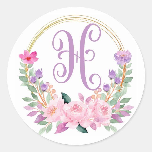 Purple Floral Monogram Round Stickers (Front)