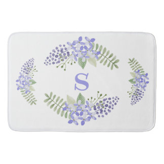Purple Floral Monogram Watercolor Elegant Bath Mat