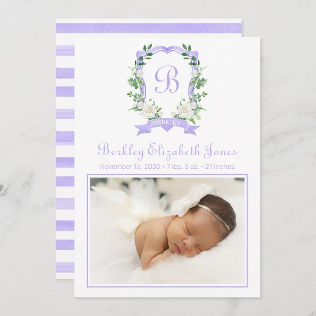 Purple Floral Monogrammed Crest Birth Announcement (Front/Back)