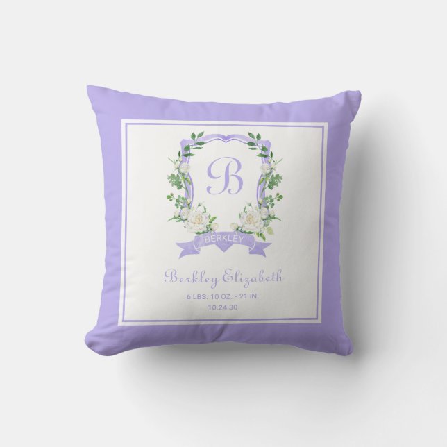 Purple Floral Monogrammed Crest Throw Pillow (Front)