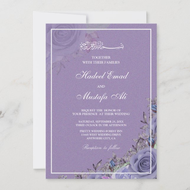 Purple floral muslim wedding invitations (Front)