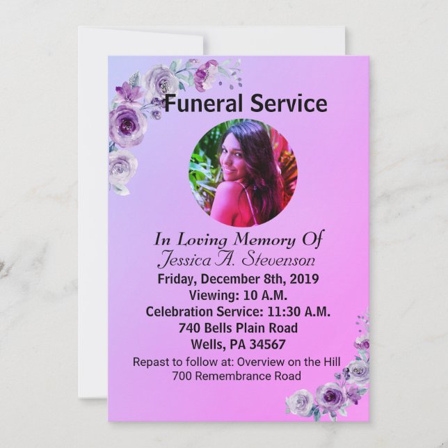 Purple Floral Nature Funeral Service Invitation  (Front)