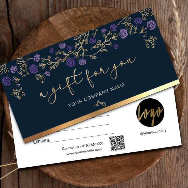 Purple Floral Navy And Gold Add Logo Gift Card ("Unlock Moments of Joy 💜✨ Surprise Loved Ones with our Signature Gift Certificate!" #purpleandgold)