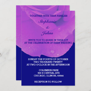 Purple Floral Navy Blue Rose Elegant Cute Wedding Invitation