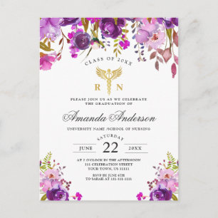 Purple Floral Nursing School Graduation Invitation Postcard