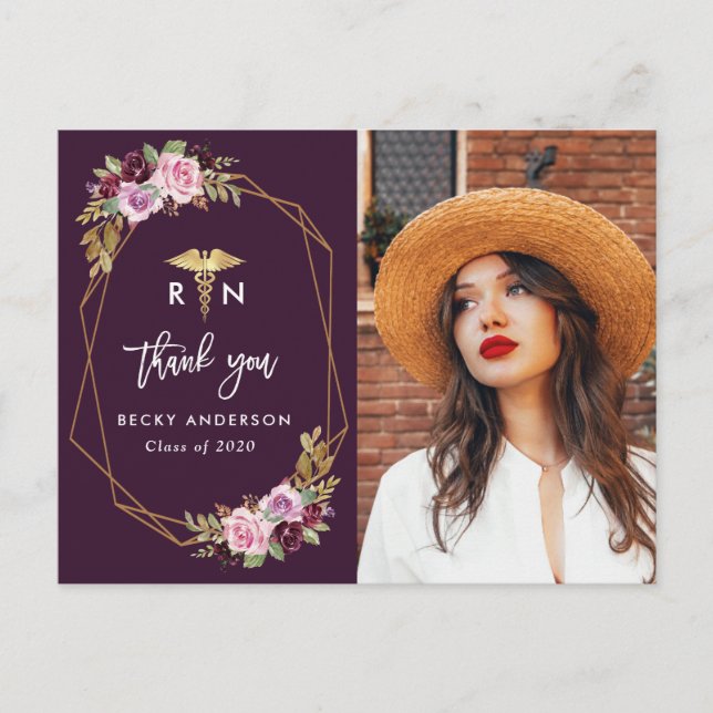 purple floral nursing school graduation thank you postcard (Front)