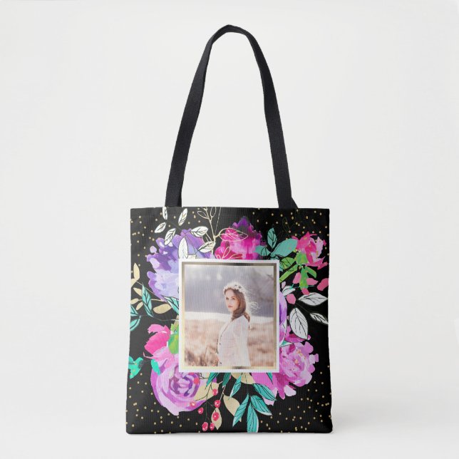 Purple Floral on Black with Confetti Photo Tote Bag (Front)