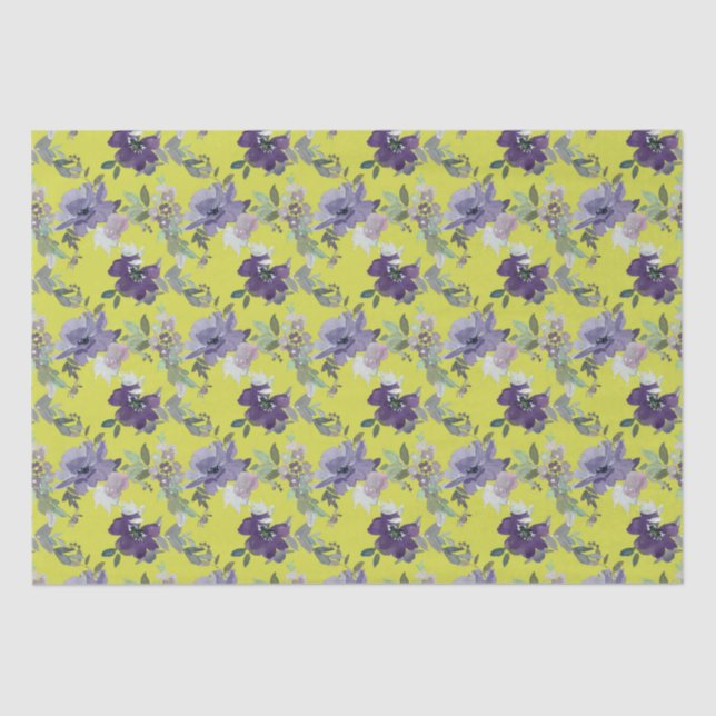 Purple Floral on Yellow Watercolor Tissue Paper (Front)