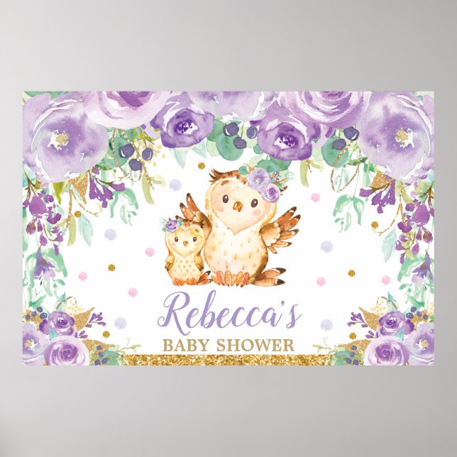 Purple Floral Owl Baby Shower Backdrop Poster (Front)