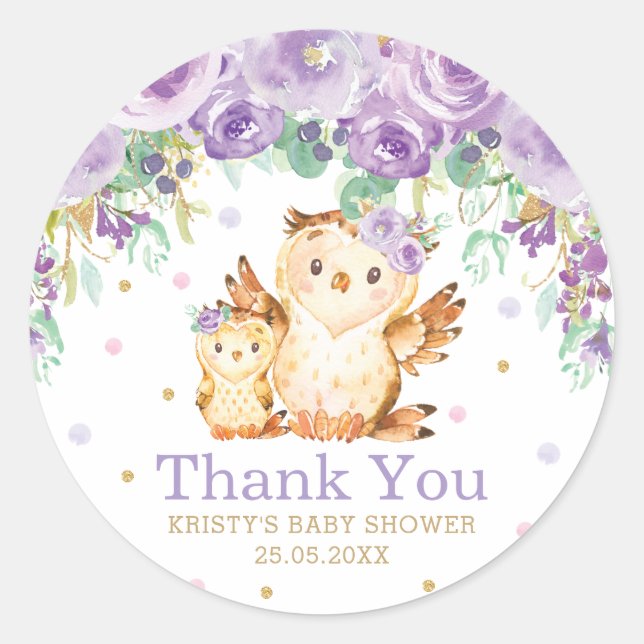 Purple Floral Owl Baby Shower Thank You Favour Classic Round Sticker (Front)