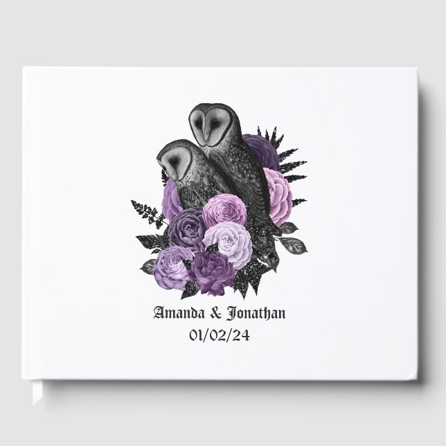 Purple Floral Owls Gothic Wedding Guest Book (Front)
